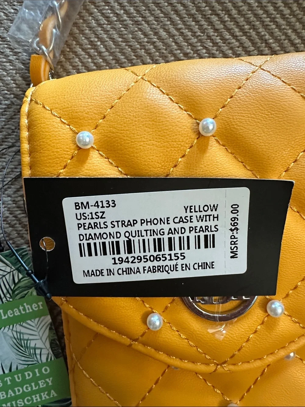Badgley Mischka Quilted Yellow Pearl-Accented Phone Crossbody